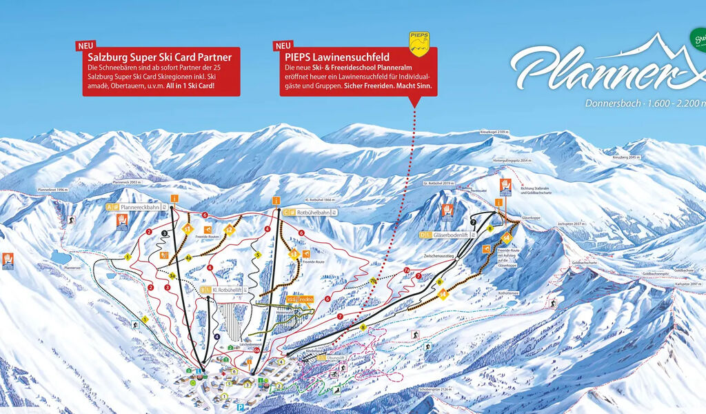 Lyžařská mapa sjezdovek areálu Planneralm