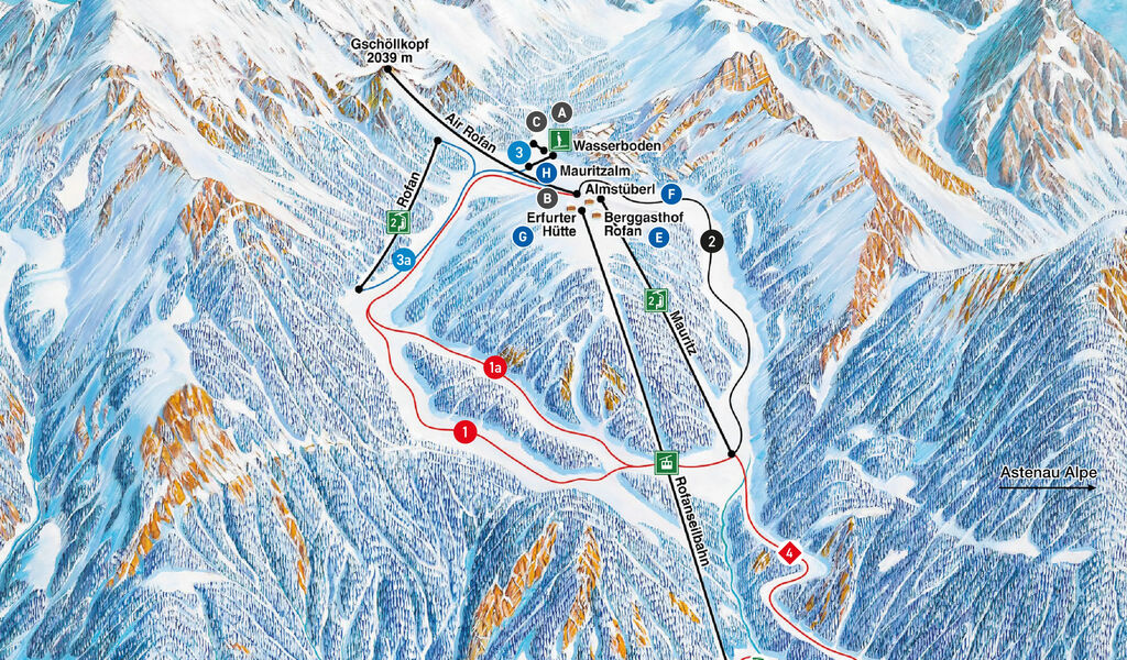 Lyžařská mapa sjezdovek areálu Rofan / Maurach