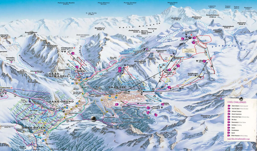 Lyžařská mapa sjezdovek areálu Saas Almagell