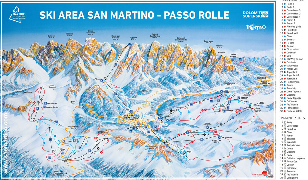 Lyžařská mapa sjezdovek areálu San Martino di Castrozza / Passo Rolle