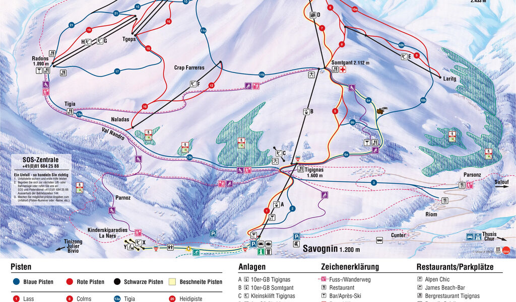 Lyžařská mapa sjezdovek areálu Savognin