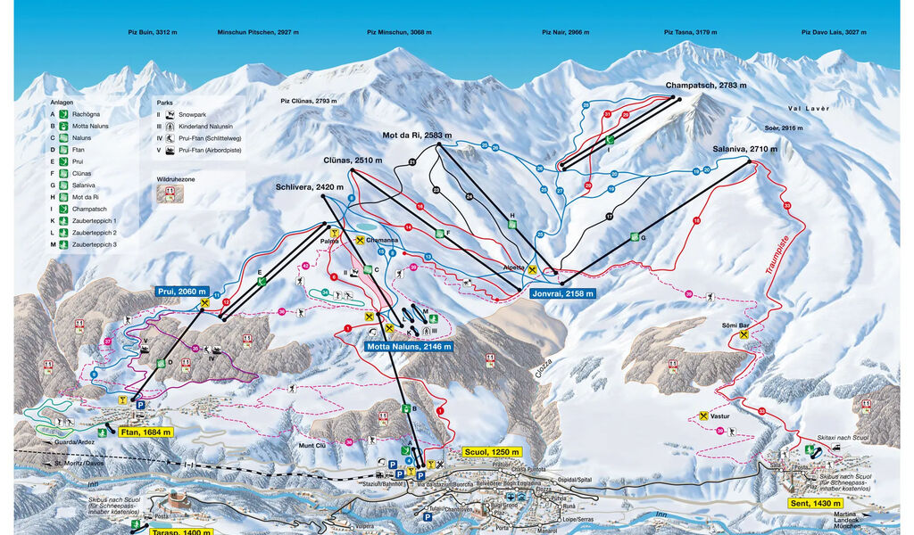 Lyžařská mapa sjezdovek areálu Scuol / Motta Naluns