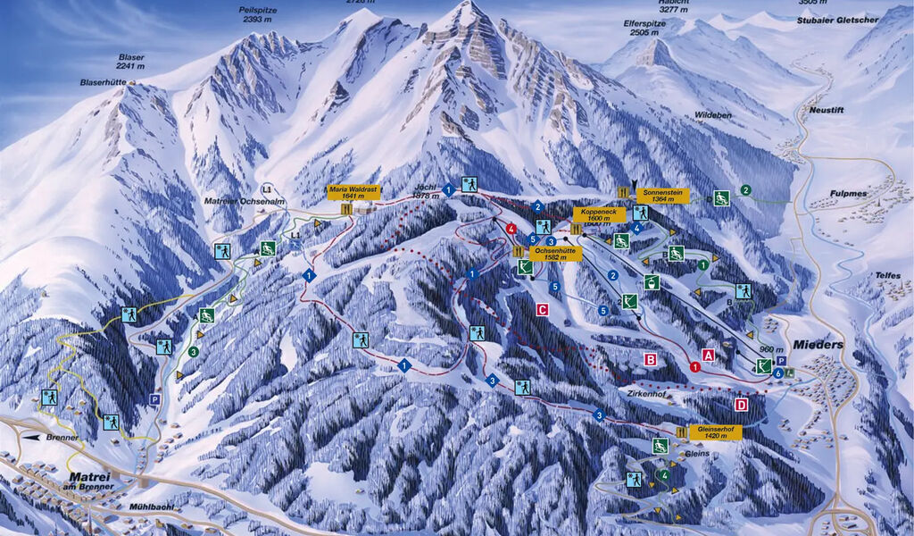 Lyžařská mapa sjezdovek areálu Serles