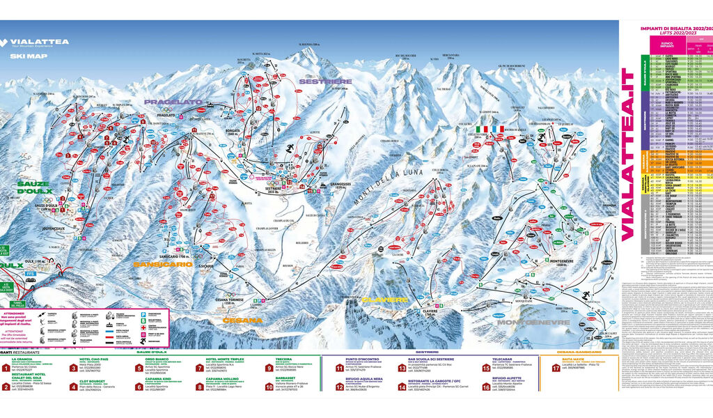 Lyžařská mapa sjezdovek areálu Sestriere / Via Lattea