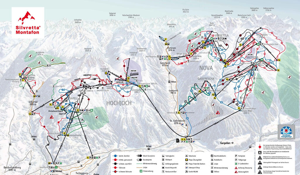 Lyžařská mapa sjezdovek areálu Silvretta / Montafon