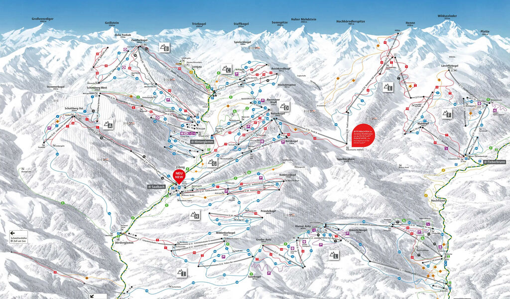 Lyžařská mapa sjezdovek areálu Skicircus Saalbach - Hinterglemm / Leogang / Fieberbunn