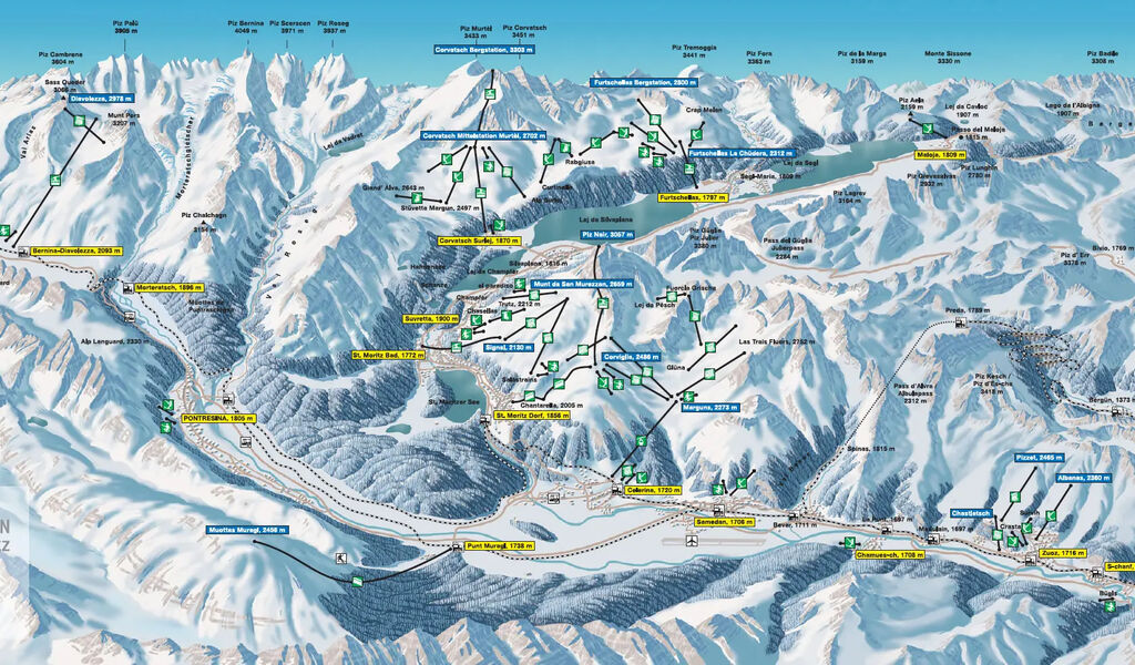 Lyžařská mapa sjezdovek areálu St. Moritz / Engadin