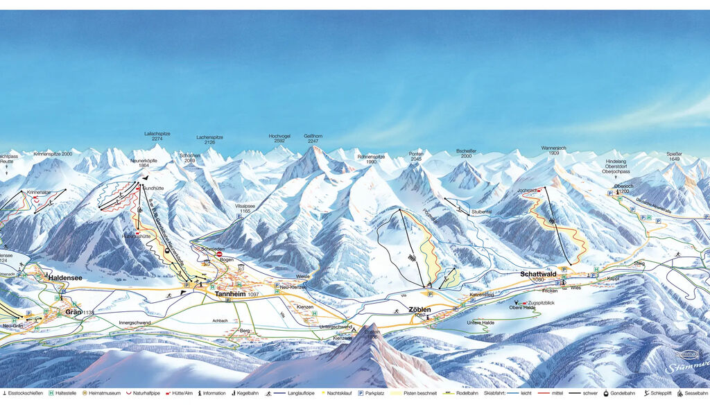 Lyžařská mapa sjezdovek areálu Tannheimer Tal