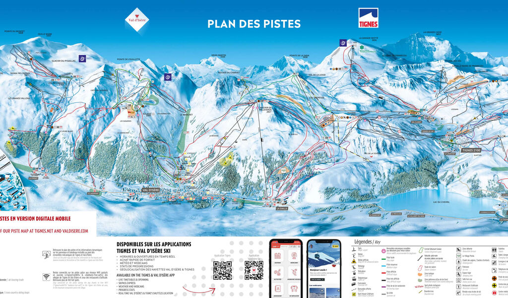 Lyžařská mapa sjezdovek areálu Tignes