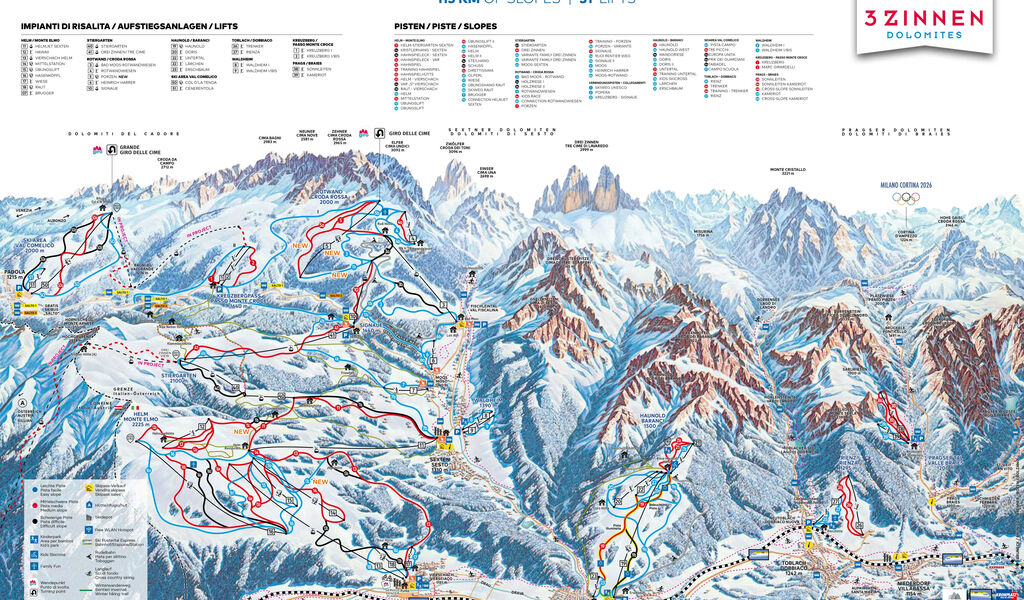 Lyžařská mapa sjezdovek areálu Tre Cime / Drei Zinnen Dolomiten