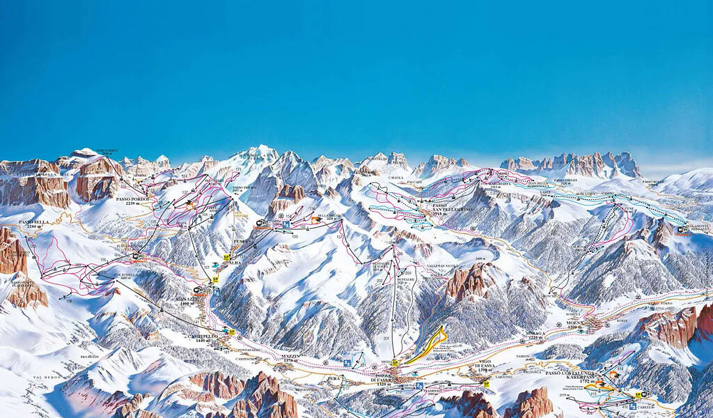 Lyžařská mapa sjezdovek areálu Val di Fassa / Fasstal