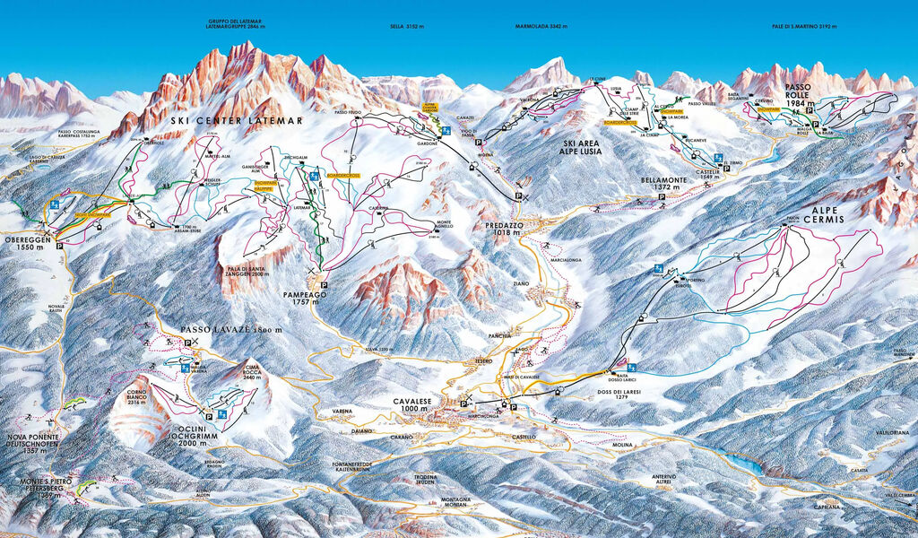 Lyžařská mapa sjezdovek areálu Val di Fiemme / Fleimstal