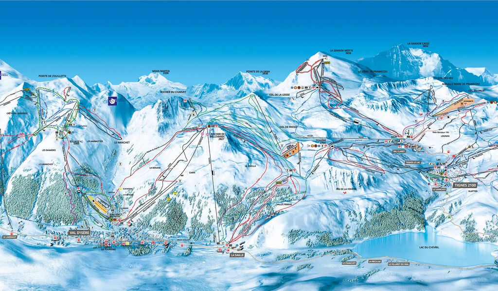 Lyžařská mapa sjezdovek areálu Val d'Isère