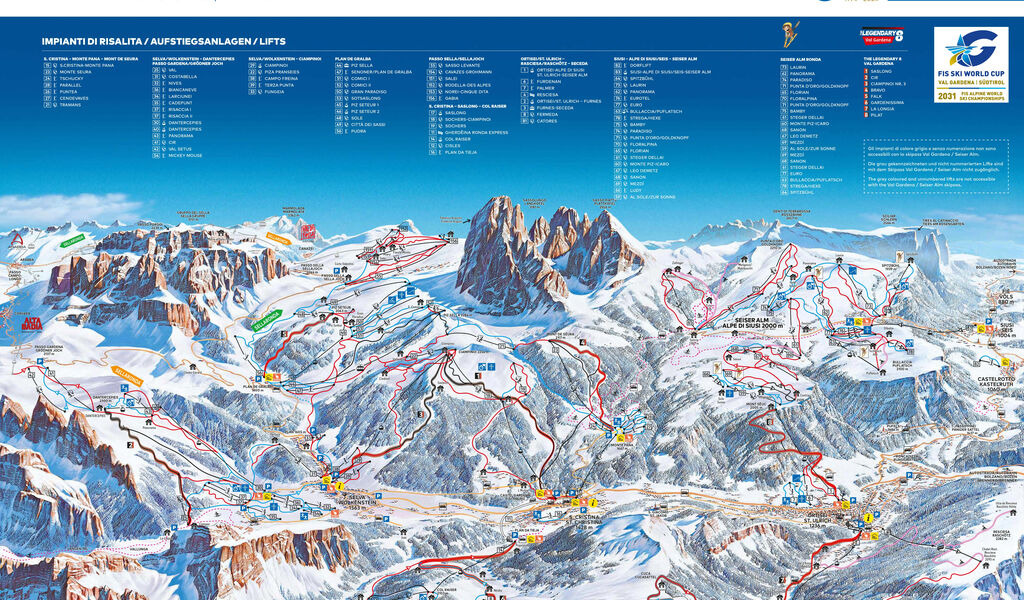 Lyžařská mapa sjezdovek areálu Val Gardena / Gröden