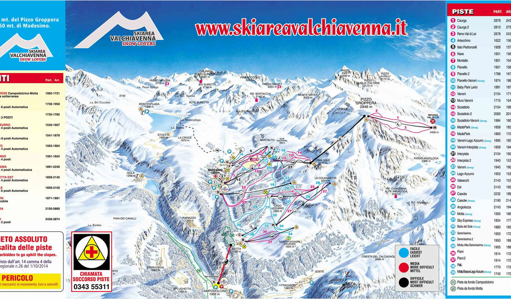 Lyžařská mapa sjezdovek areálu Valchiavenna