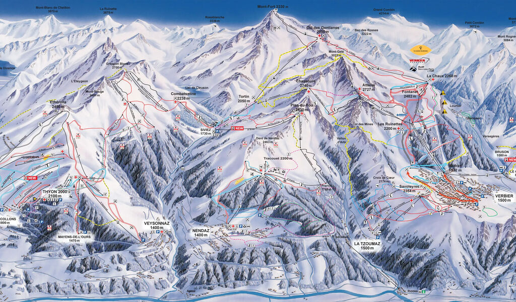 Lyžařská mapa sjezdovek areálu Verbier