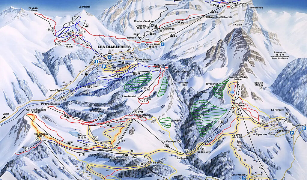 Lyžařská mapa sjezdovek areálu Villars / Gryon / Les Diablerets