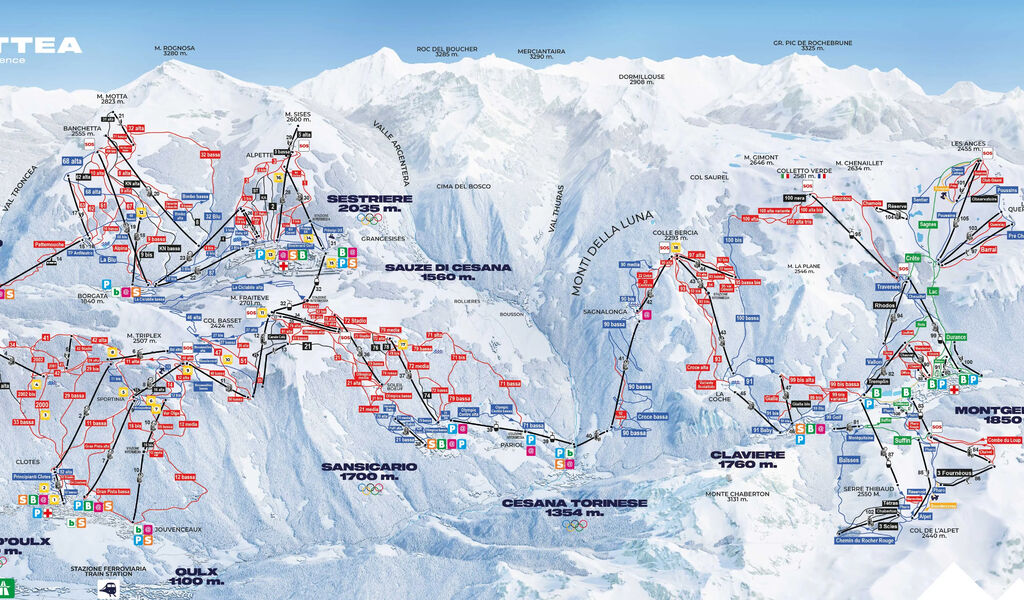 Lyžařská mapa sjezdovek areálu Voie Lactée / Via Lattea