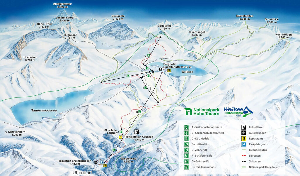 Lyžařská mapa sjezdovek areálu Weisssee Gletscherwelt