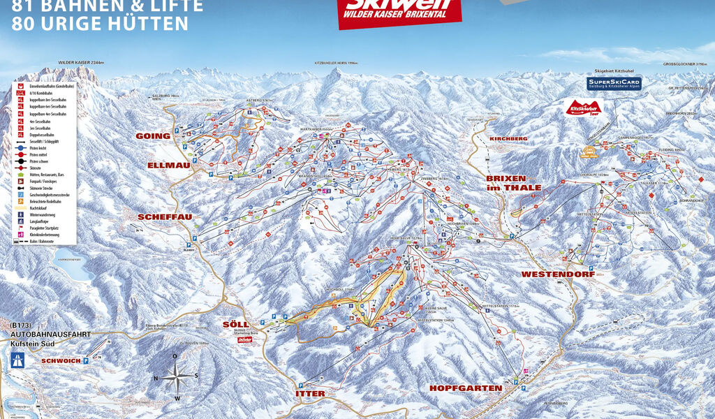 Lyžařská mapa sjezdovek areálu Wilder Kaiser / Brixental