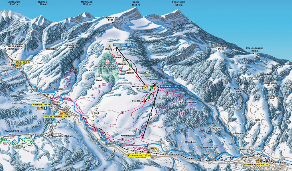 Lyžařská mapa sjezdovek areálu Wolzenalp