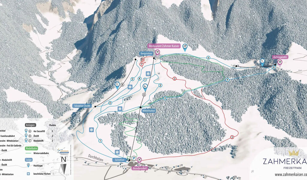 Lyžařská mapa sjezdovek areálu Zahmer Kaiser