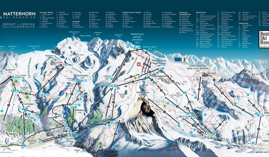 Lyžařská mapa sjezdovek areálu Zermatt
