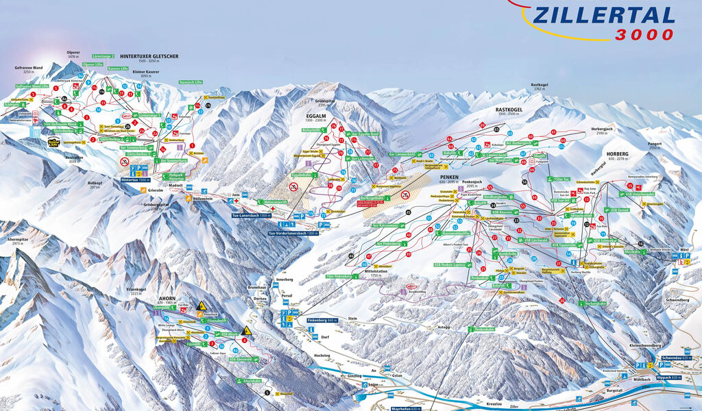 Lyžařská mapa sjezdovek areálu Zillertal 3000