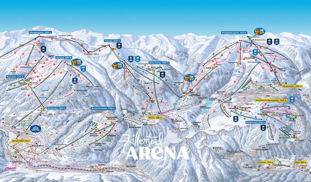 Lyžařská mapa sjezdovek areálu Zillertal Arena