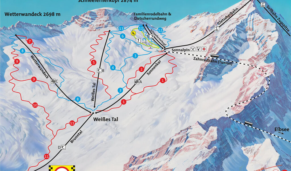 Lyžařská mapa sjezdovek areálu Zugspitze
